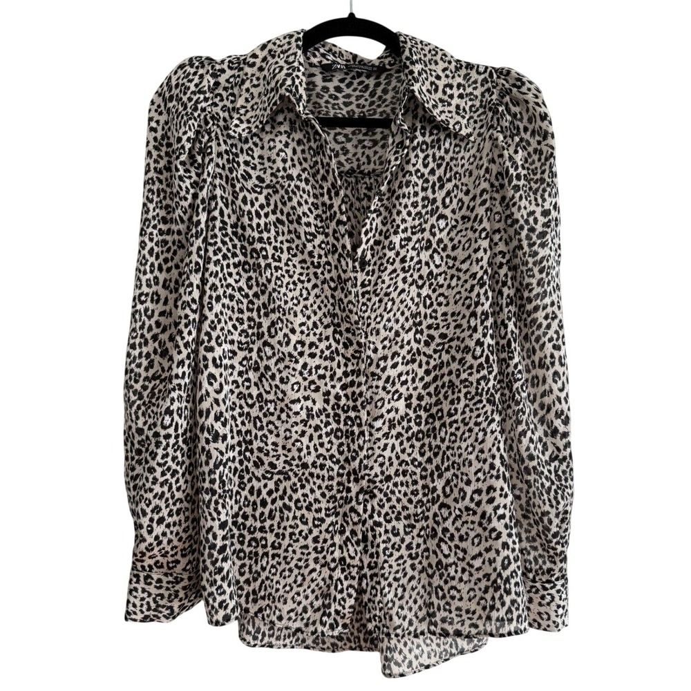Zara Leopard Print Puff‎ Shoulder Button Up Blouse Neutral Animal Print XS